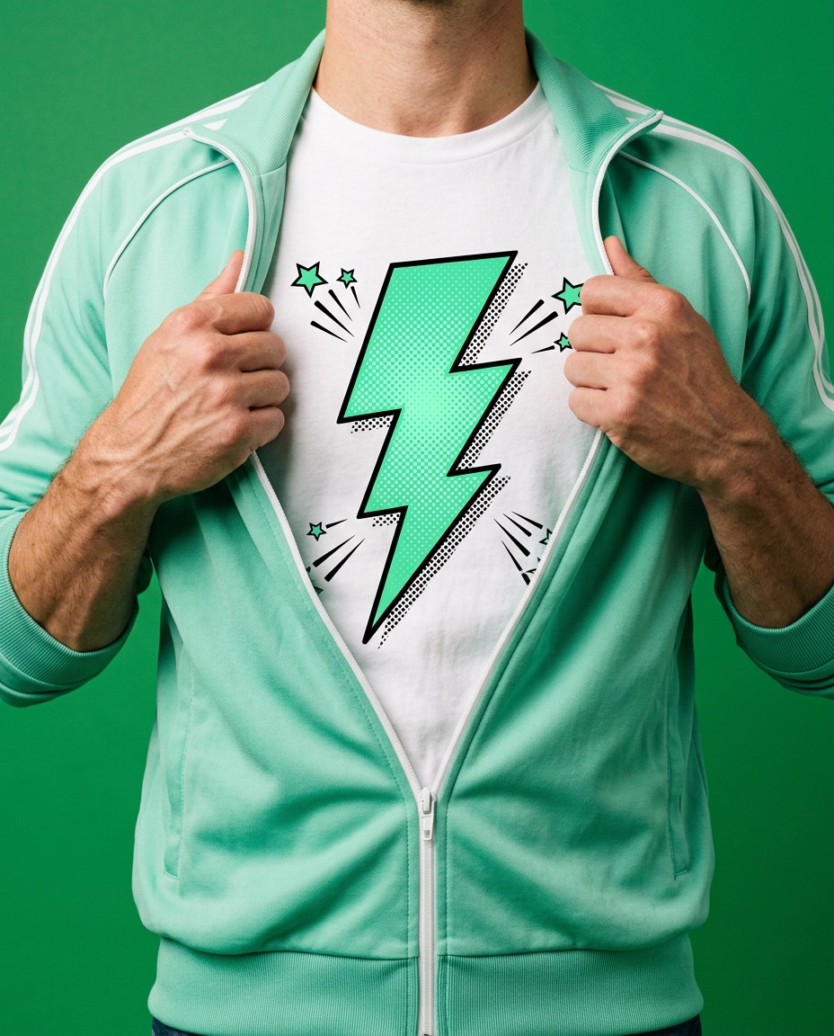 Person som öppnar sin gröna jacka och visar en t-shirt med Phone Heros blixt