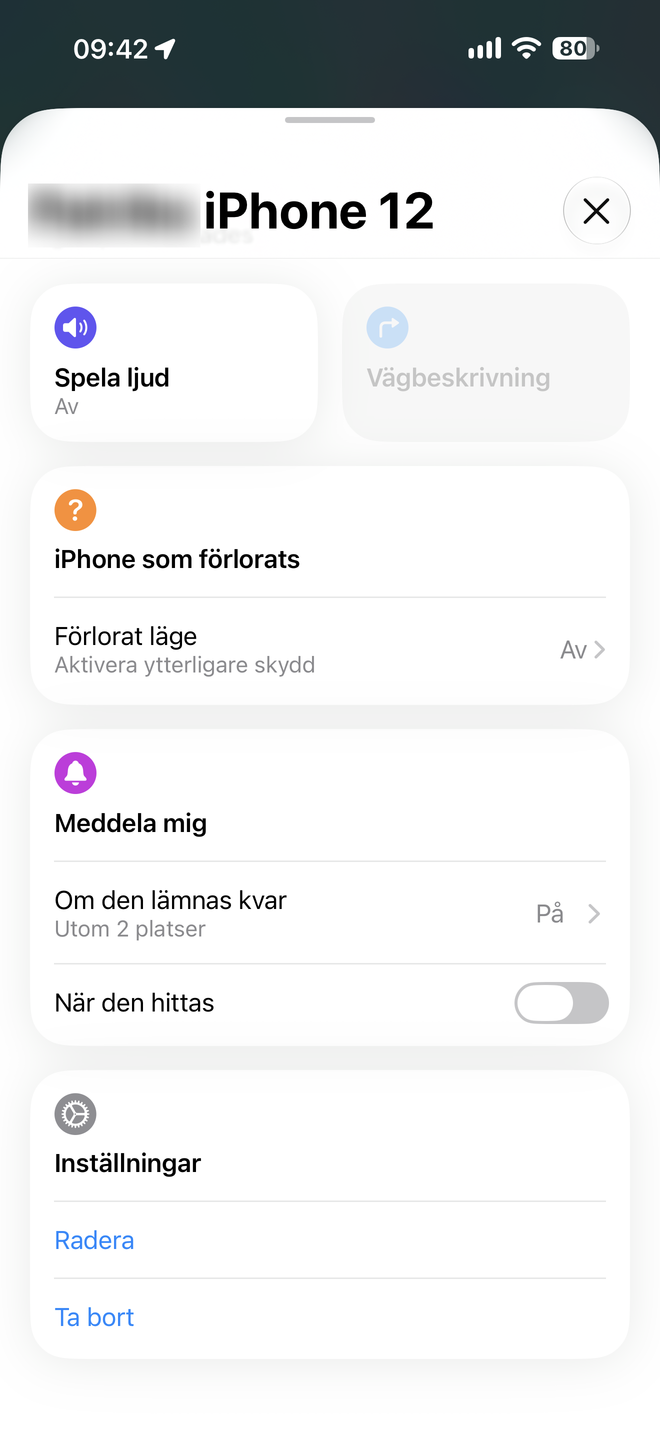 Enhetsvyn i appen Hitta med valen Radera och Ta bort markerade.