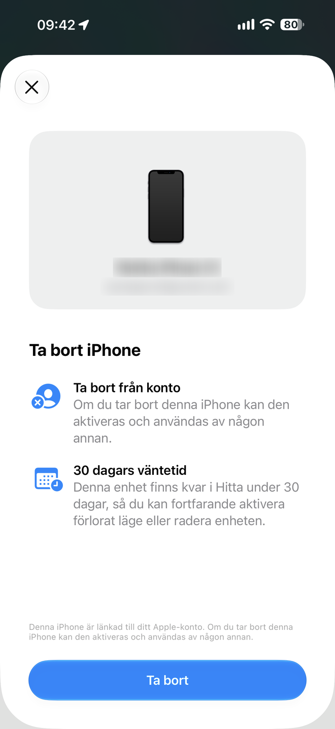Skärmen Ta bort iPhone med knappen Ta bort markerad.