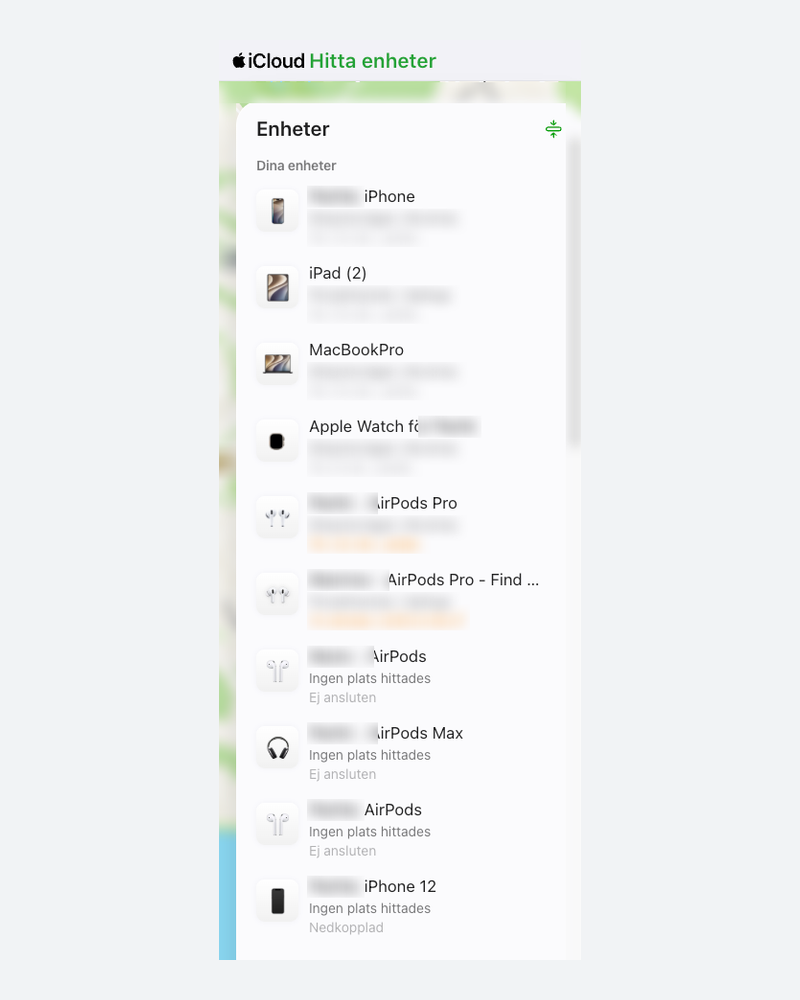 Listan Enheter på icloud.com med iPhone 12 markerad.