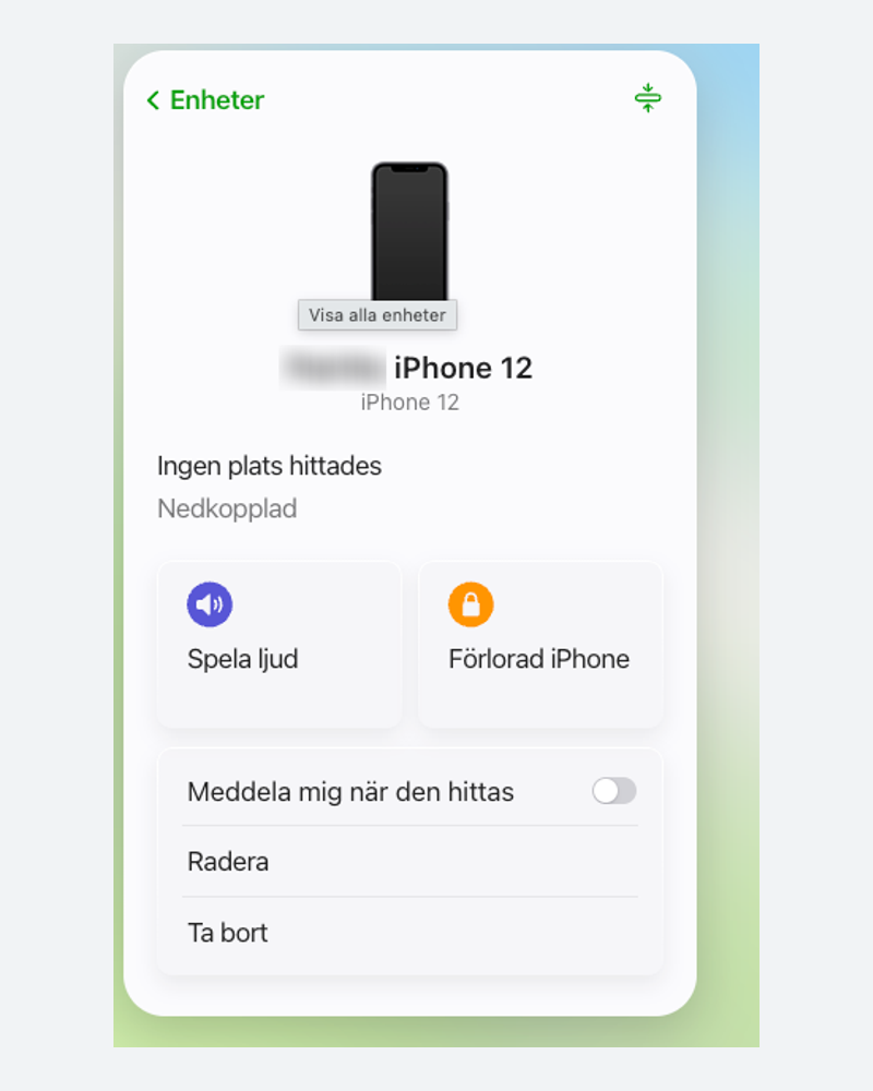 Enhetsvyn på icloud.com med valet Radera markerat.