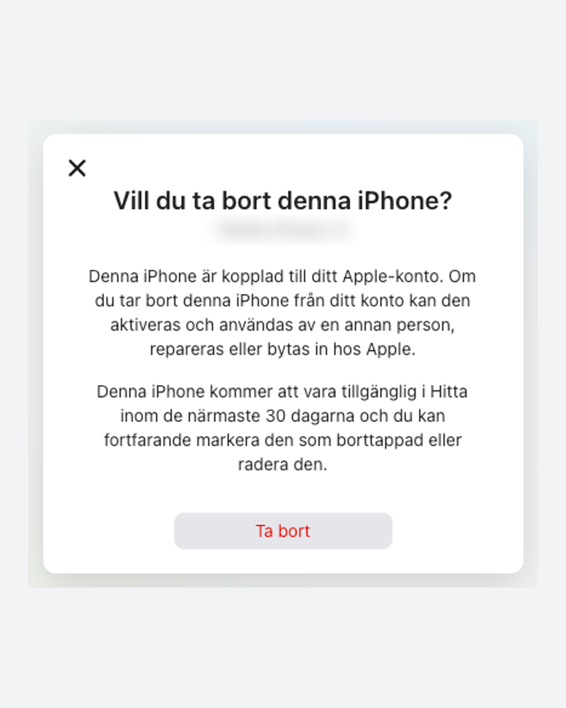 Dialogrutan Vill du ta bort denna iPhone med knappen Ta bort markerad.