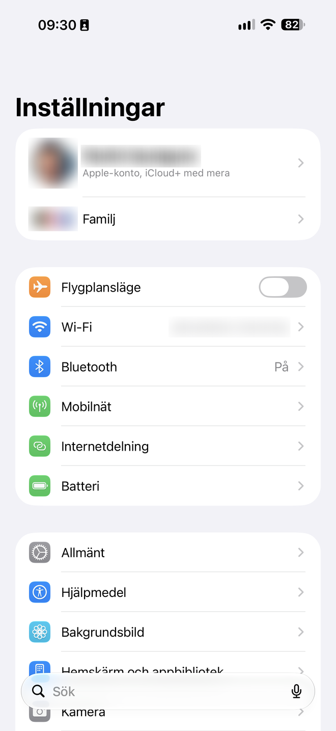 Inställningar på iPhone med raden Allmänt markerad.
