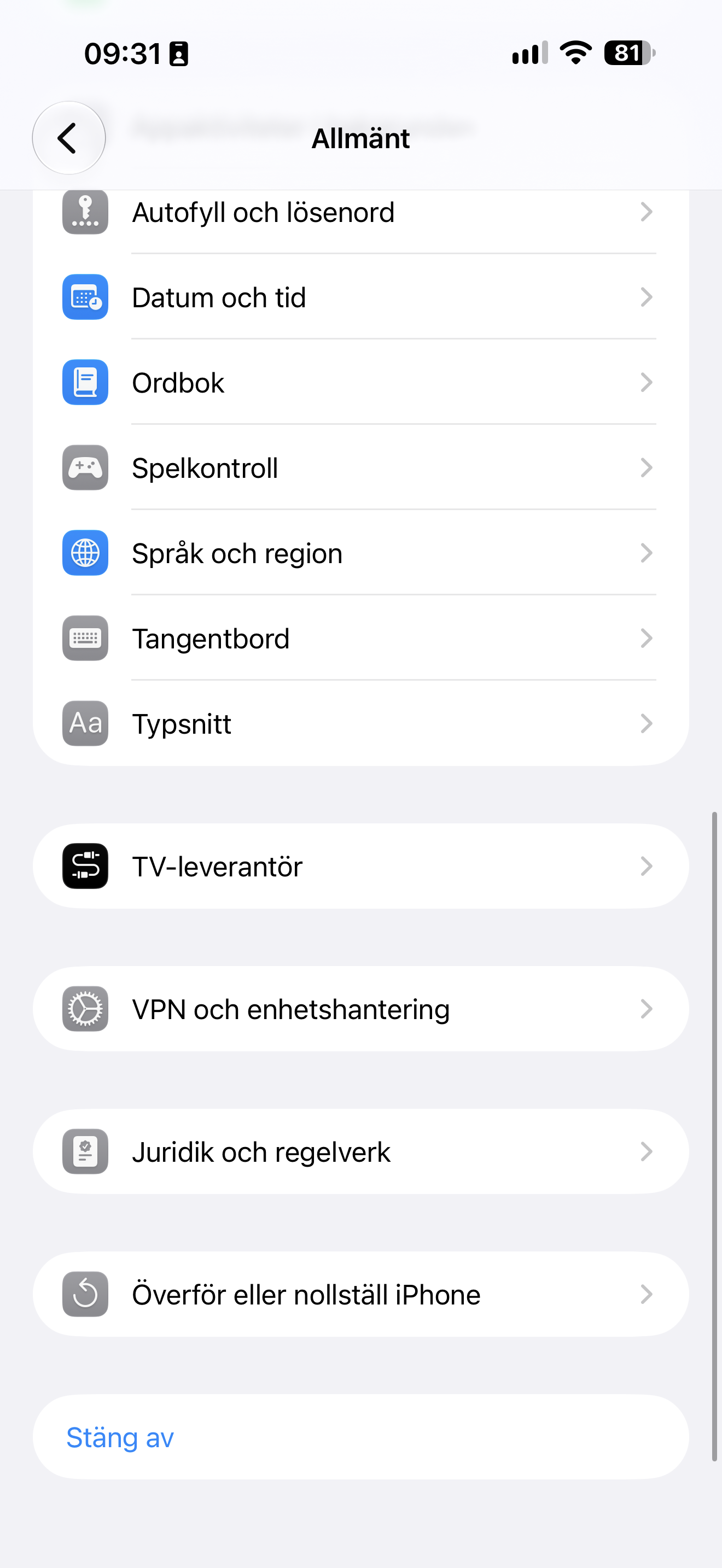 Menyn Allmänt med raden Överför eller nollställ iPhone markerad.
