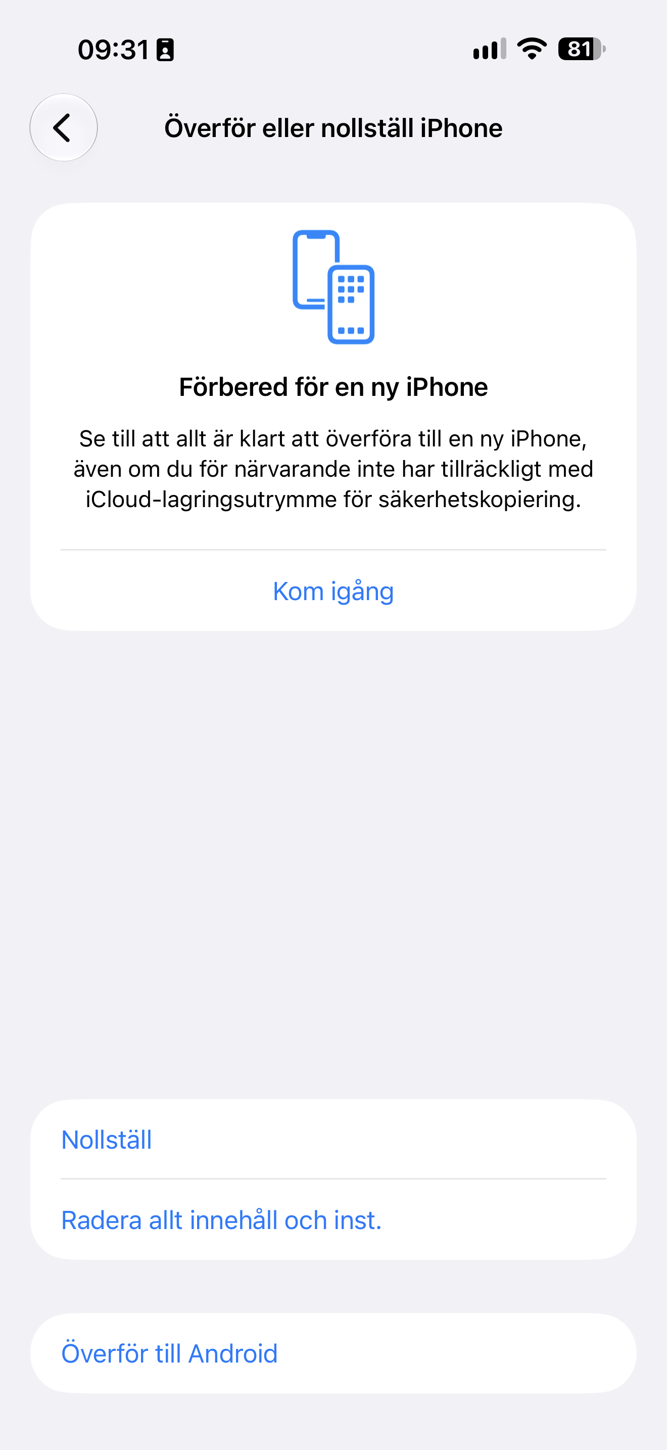 Skärmen Överför eller nollställ iPhone med Radera allt innehåll och inställningar markerat.